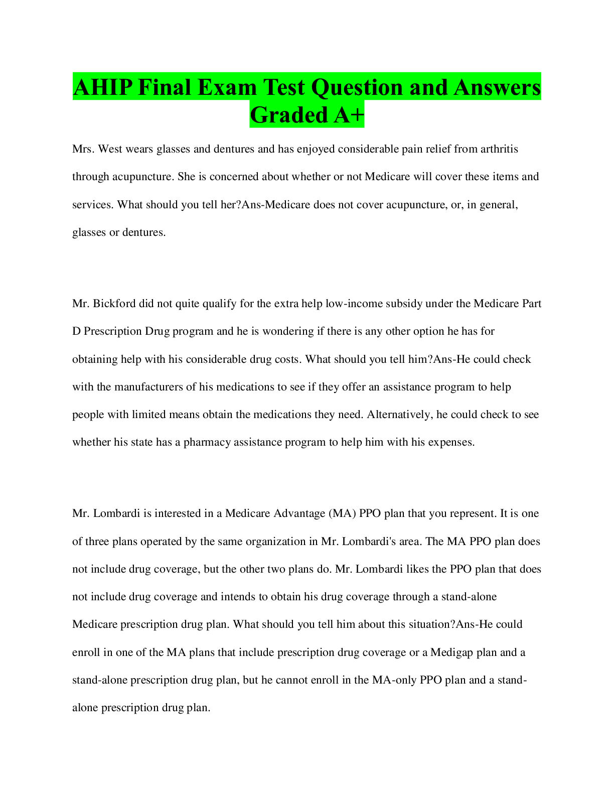Preview image for AHIP Final Exam Test Question and Answers Graded A+